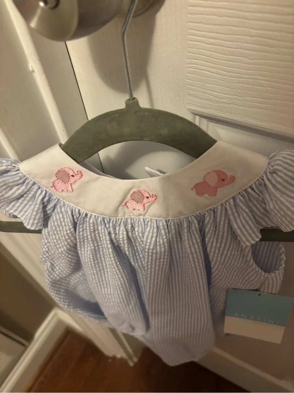 NWT Blue Seersucker Baby Girls Romper with Pink Embroidery Elephants